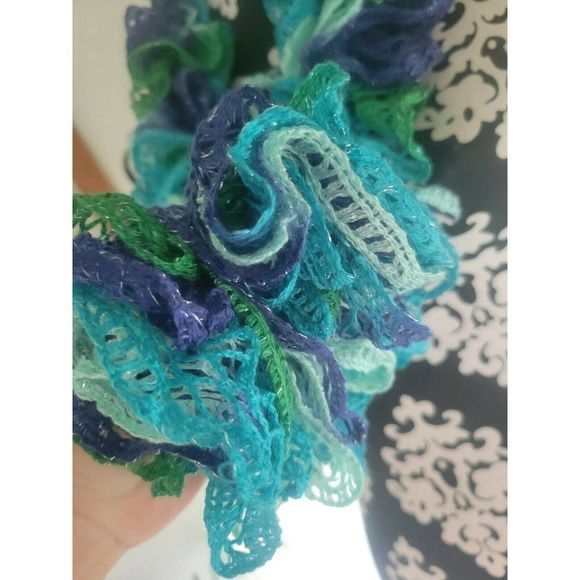 Handmade Crocheted Fashion Ruffle Scarf - Shades of blue - Picture 4 of 5
